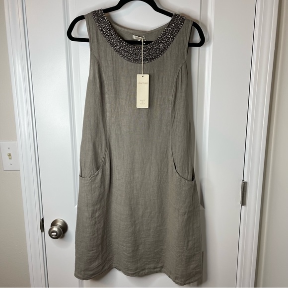 Lina Tomei 100% Linen Gray Sheath Dress Womens Medium Beaded Neck Stretch NWT - Picture 1 of 13
